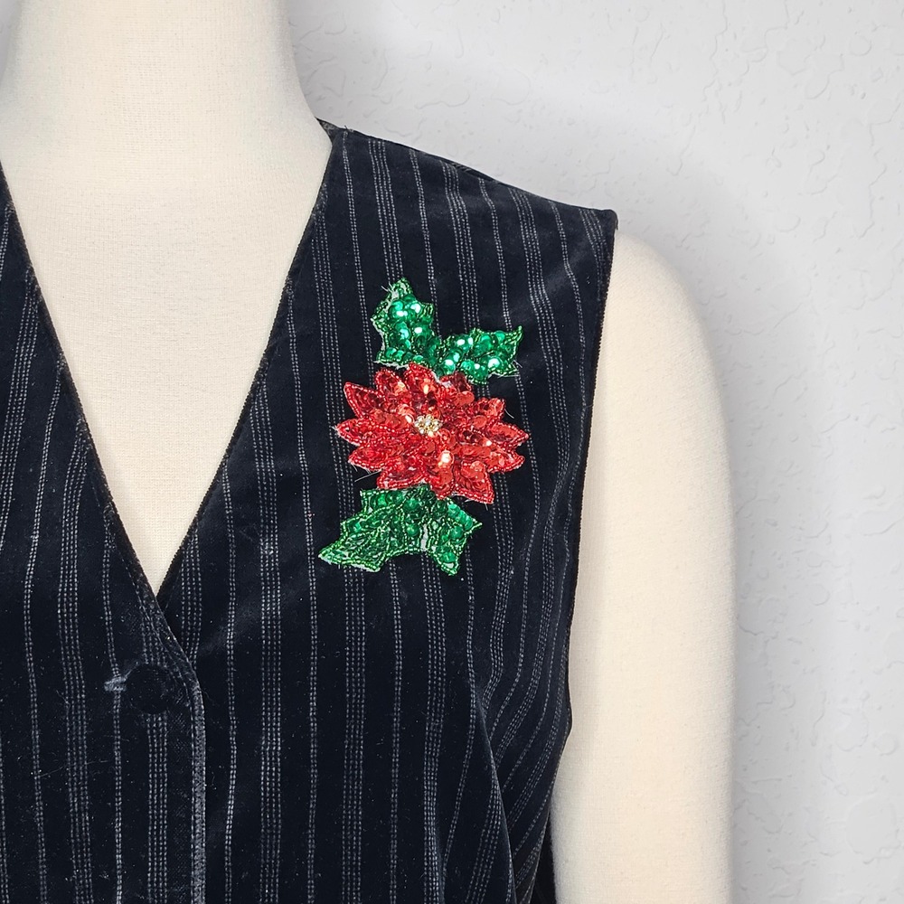 VTG Rafaella Black Velvet Pinstripe Vest Poinsettia Holiday Sequin Embellishment - Picture 3 of 8